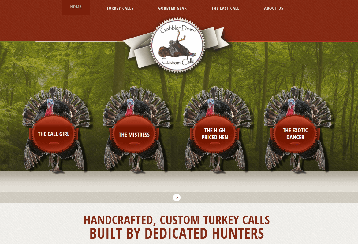 Home page screenshot of e-commerce site for Gobbler Down Custom Calls