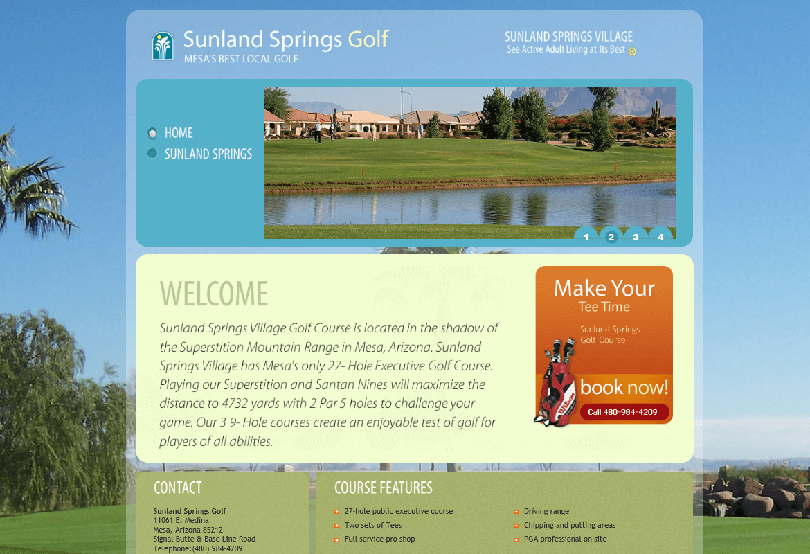 Screenshot of New Website Design for Sunland Springs Golf Course
