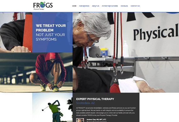 Screenshot of new home page design for FROGS Physical Therapy