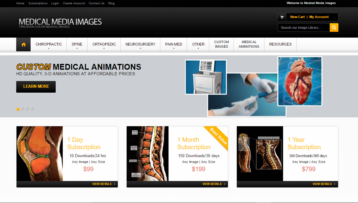 Screenshot of e-commerce website created for Medical Media Images